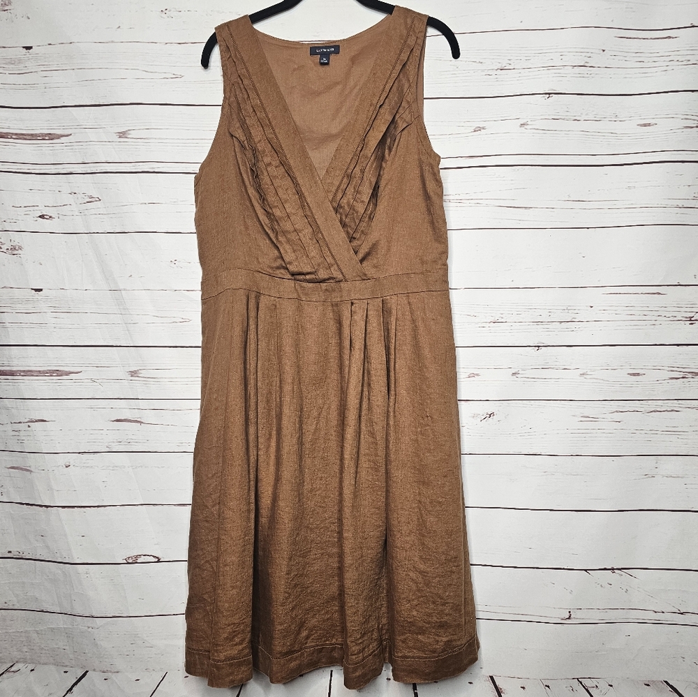 Lands' End Brown Linen Pleated Bodice Sleeveless Dress